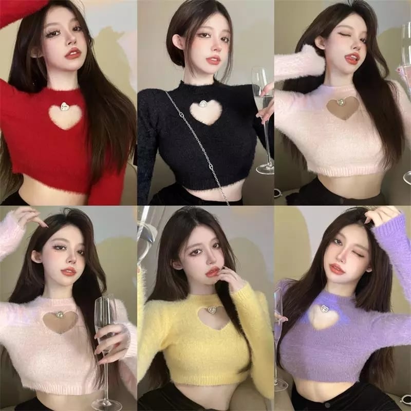 Heart Hollow Out Crystal Stud Long Sleeve Top
