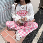 Pink Gingham Loose High Waist Pants