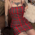 Cute Sexy Red Plaid Checkered Mini Dress Party Bodycon E-Girl Kawaii Korean Japanese Harajuku Chinese Retro Streetwear Aesthetic