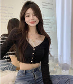Heart Button Lace Knit Long Sleeve Shirt