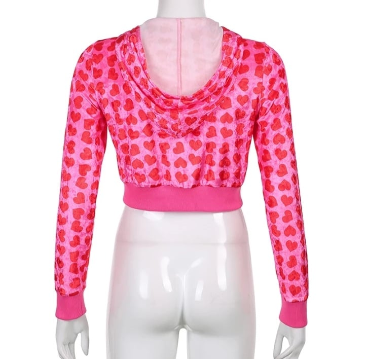 Cute Pink Heart Print Velvet Tracksuit Set Long Sleeve Cropped Hoodie + Sweatpants Aesthetic Casual Summer E-Girl Kawaii Korean Japanese Harajuku