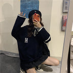 Cute Vintage Preppy V Neck Oversized Sweater Long Sleeve Shirt Pullover Hoodie Sweatshirt E-Girl Kawaii Korean Japanese Harajuku Retro Streetwear