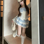 2PCS Blue Japanese Blouse + Vintage Mini Skirt