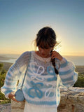 Blue & White Knit Hollow Out Sweater