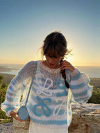 Blue & White Knit Hollow Out Sweater