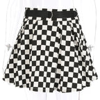 Cute Sexy Checkered Pleated Black White Sash High Waisted Skater Skirt E-Girl Kawaii Korean Japanese Harajuku Streetwear