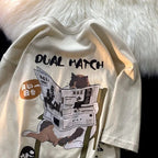 Retro Cat Newspaper Print Short Sleeve T-shirt