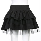 Cute Black Goth Lace Up High Waisted Ruffle Skirt Punk Bandage A-line Lace Trim Tutu Casual E-Girl Kawaii Korean Japanese Harajuku Streetwear