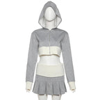 2PCS Grey Cropped Hoodie + Pleated Mini Skirt