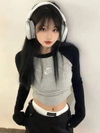 Black & Grey Patchwork Long Sleeve Crop Top