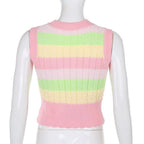 Cute Pink Rainbow Stripe Tie Dye Sleeveless V Neck Knit Vest Sweater Top Pullover Autumn Aesthetic E-Girl Kawaii Korean Japanese Harajuku Streetwear