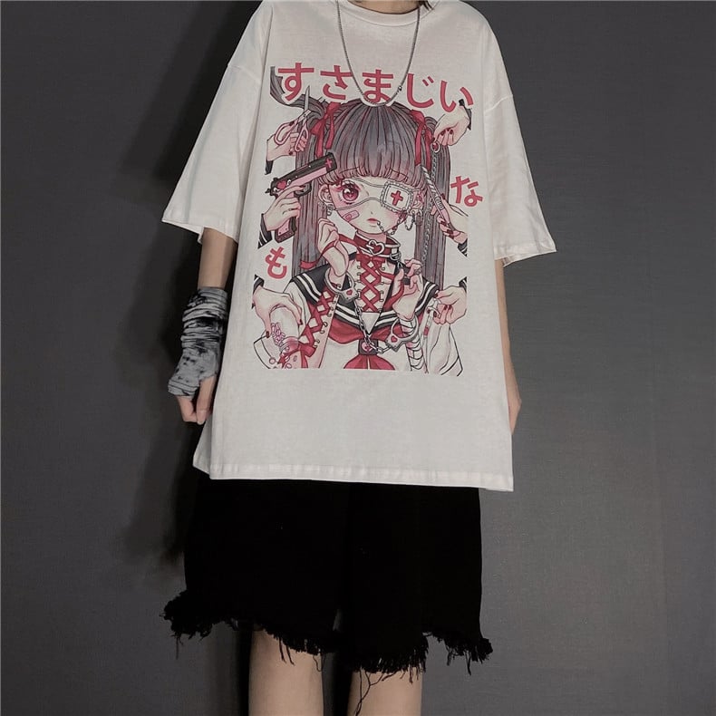Cute Japanese Girl Punk Goth Print Oversized Short Sleeve Shirt Tee T-shirt E-Girl Kawaii Korean Japanese Harajuku Retro Streetwear Aesthetic