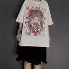 Cute Japanese Girl Punk Goth Print Oversized Short Sleeve Shirt Tee T-shirt E-Girl Kawaii Korean Japanese Harajuku Retro Streetwear Aesthetic