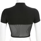 Cute Sexy Patchwork Black Mesh Crop Top Short Sleeve Shirt Tee T-shirt E-Girl Kawaii Korean Japanese Harajuku Chinese Retro Streetwear Aesthetic
