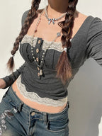 Grey Patchwork Square Neck Collar Long Sleeve Shirt