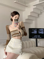 Brown Crochet Bell Sleeve Cut Out Long Sleeve Shirt