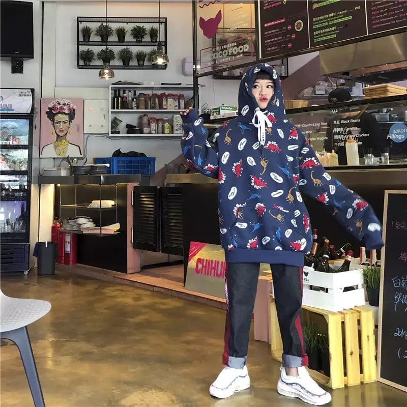 Funny Dinosaur Cartoon Print Vintage Baggy Oversized Loose Hoodie Pullover Sweater Sweatshirt Jumper E-Girl Kawaii Korean Japanese Harajuku Streetwear