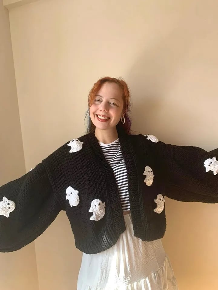 3D Black Ghost Crochet Sweater