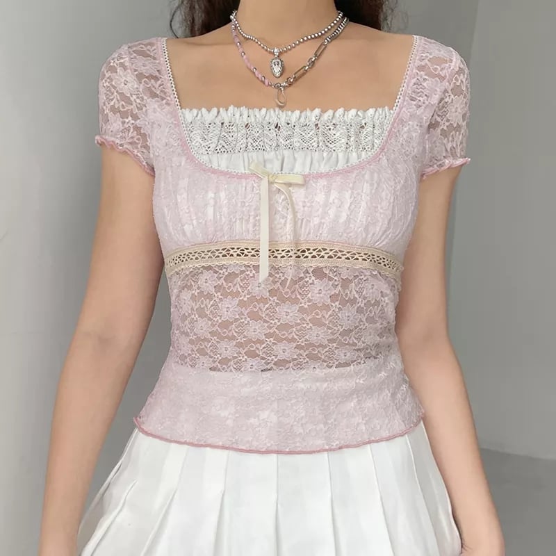 Cute Sweet Pink Lace Trim Short Sleeve Shirt Crop Top Summer Aesthetic Casual E-Girl Kawaii Korean Japanese Harajuku