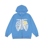 Retro Rib Skeleton Print Long Sleeve Hoodie Jacket Zipper Pullover Casual E-Girl Kawaii Korean Japanese Harajuku Streetwear