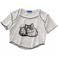 Cat Cartoon Graphic Print Short Sleeve Shirt Crop Top Summer Aesthetic Casual E-Girl Kawaii Korean Japanese Harajuku