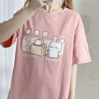 Cute Bunny And Toast Bread Graphic Cartoon Print Loose Short Sleeve T-shirt Aesthetic Casual Summer E-Girl Kawaii Korean Japanese Harajuku