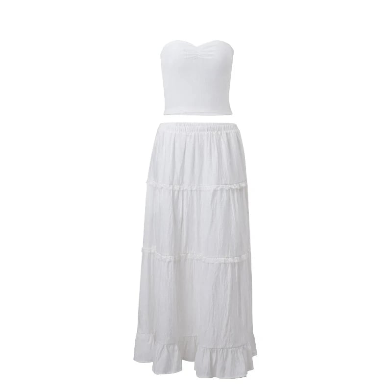 2PCS Strapless Tank Top + Pleated Long Skirt