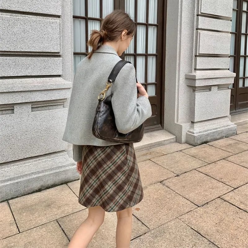 Brown Plaid A-Line Mini Skirt