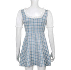 Cute Sweet Plaid Patchwork Lace Up Corset Ruffle Mini A-line Dress Summer Aesthetic Casual E-Girl Kawaii Korean Japanese Harajuku