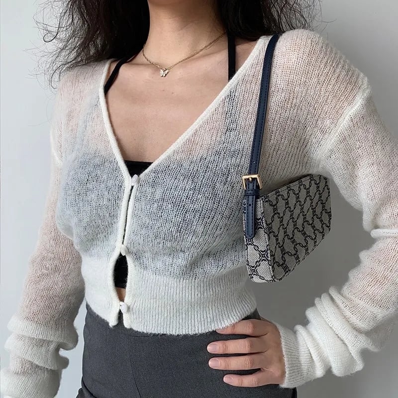 See Through V Neck Cropped Long Sleeve Cardigan