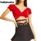 Cute Sexy Solid Color Bandage Cross Tie Up Crop Top Shirt Tee T-shirt E-Girl Kawaii Korean Japanese Harajuku Chinese Retro Streetwear Aesthetic