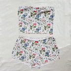 2PCS Pink Floral Print Frill Strapless Top + Shorts Set