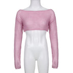 Pink Hollow Out Fishnet Long Sleeve Shirt