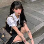 Cute Preppy Puff Sleeve Shirt Pleated Dress Set Student Aesthetic Casual E-Girl Kawaii Korean Japanese Harajuku
