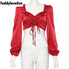 Cute Sexy Red Chiffon Low Cut Crop Top Long Sleeve Shirt Tee T-shirt E-Girl Kawaii Korean Japanese Harajuku Chinese Retro Streetwear Aesthetic