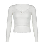 White Lace Bow Long Sleeve Crop Top
