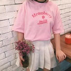 Cute Pastel Pink Strawberry Milk Causal Letter Print Short Sleeve T-shirt Top Tee Shirt E-Girl Kawaii Korean Japanese Harajuku Streetwear