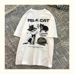 Cat Milk Cartoon Print Short Sleeve T-shirt