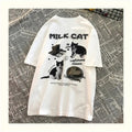 Cat Milk Cartoon Print Short Sleeve T-shirt