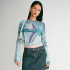 Starfish Mesh Graphic Print Flare Long Sleeve Shirt