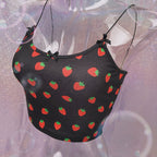 Cute Strawberry Fruit Spaghetti Strap Crop Top Camisole Shirt Tee T-shirt E-Girl Kawaii Korean Japanese Harajuku Chinese Retro Streetwear Aesthetic