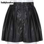 Sexy Black Goth Grunge Punk Summer Zipper Rivet Pleated PU Skirt Metal Ring Hallow Out E-Girl Kawaii Korean Japanese Harajuku Streetwear