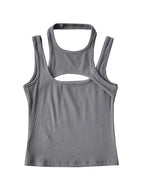 Grey Asymmetrical Hollow Out Tank Top