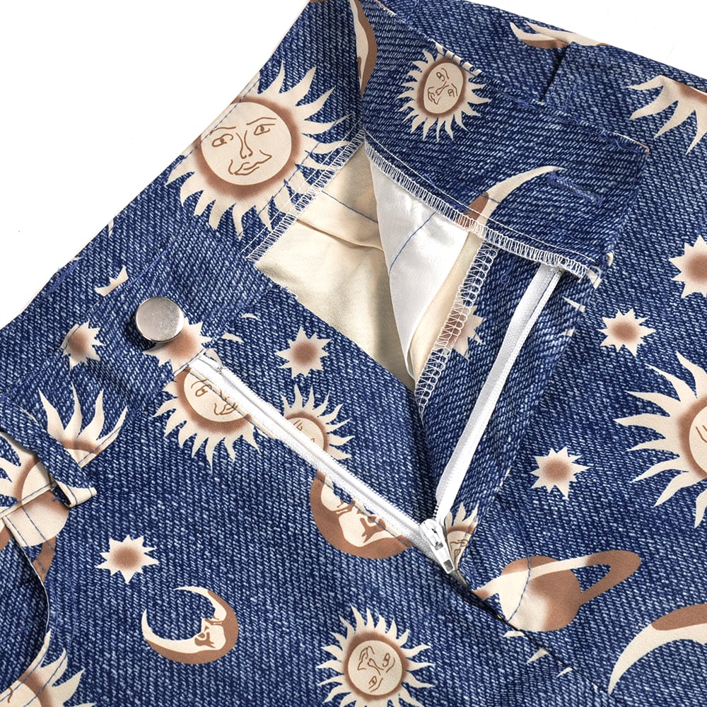 Cute Sun Moon Star Planet Pattern Loose Denim Shorts Bottom E-Girl Kawaii Korean Japanese Harajuku Chinese Retro Streetwear Aesthetic
