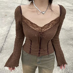 Brown Lace Trim V Neck Flare Long Sleeve Top