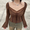 Brown Lace Trim V Neck Flare Long Sleeve Top