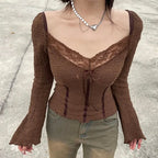 Brown Lace Trim V Neck Flare Long Sleeve Top