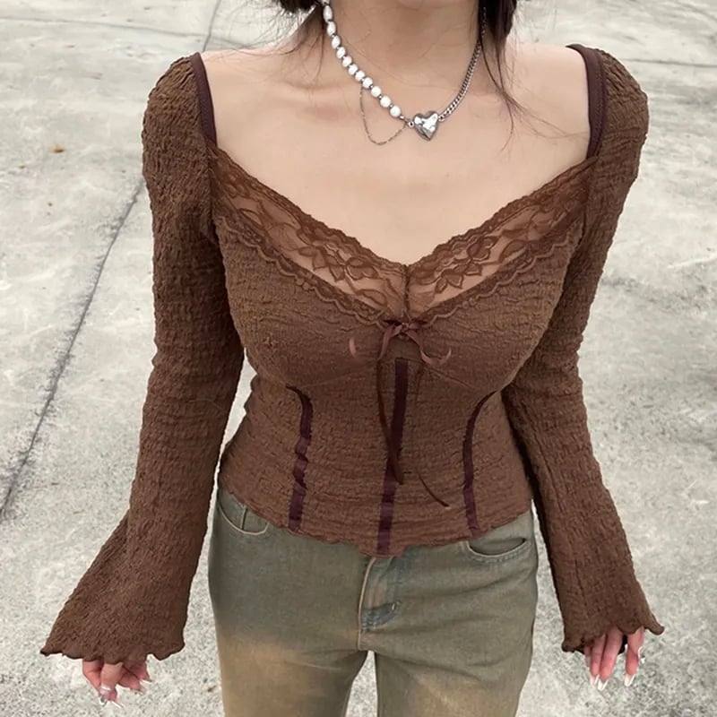 Brown Lace Trim V Neck Flare Long Sleeve Top