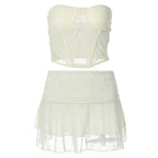 2PCS Cream Lace Corset Top + Mini Skirt