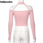 Cute Pink Strapless Ruffle Crop Top Causal Slim Long Sleeve Shirt T-shirt Top Tee E-Girl Kawaii Korean Japanese Harajuku Streetwear